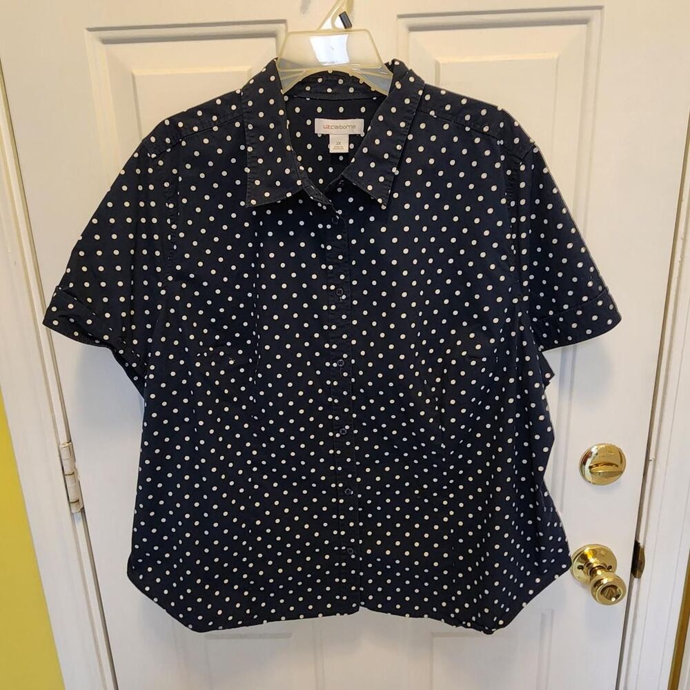 Liz claiborne Women's Navy and White Polka Dot Short Sleeve Buttoned Blouse 2XL